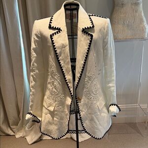 Cream Embroidered Contrast-Trim Blazer Jacket